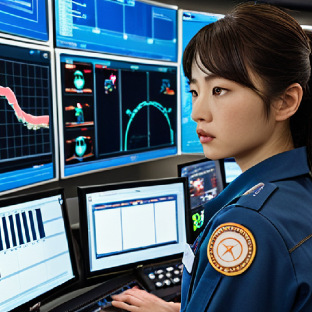 **Jin at the Control Center:** Jin, a brilliant female operator, is calmly analyzing emergency situations at the high-tech Broomstown Control Center, deciding which Robocar team member is best suited for each mission. She is surrounded by screens and advanced technology.