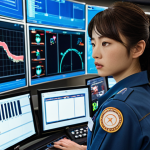 **Jin at the Control Center:** Jin, a brilliant female operator, is calmly analyzing emergency situations at the high-tech Broomstown Control Center, deciding which Robocar team member is best suited for each mission. She is surrounded by screens and advanced technology.