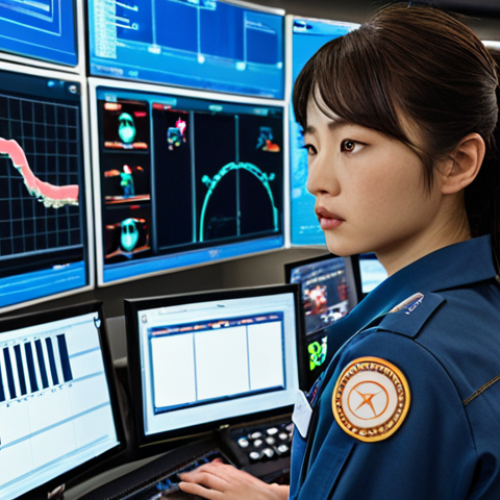 Home 4 **Jin at the Control Center:** Jin, a brilliant female operator, is calmly analyzing emergency situations at the high-tech Broomstown Control Center, deciding which Robocar team member is best suited for each mission. She is surrounded by screens and advanced technology.