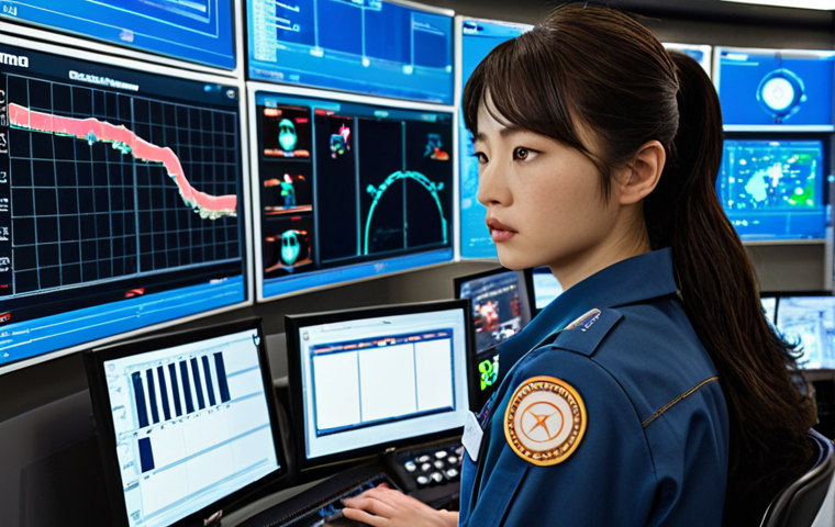 **Jin at the Control Center:** Jin, a brilliant female operator, is calmly analyzing emergency situations at the high-tech Broomstown Control Center, deciding which Robocar team member is best suited for each mission. She is surrounded by screens and advanced technology.
