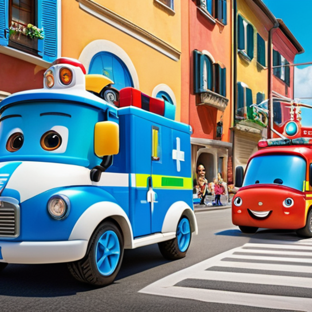 로보카폴리 주제와 어린이 관심 - **Prompt:** A vibrant, cheerful scene depicting the full Robocar Poli rescue team (Poli the police c...
