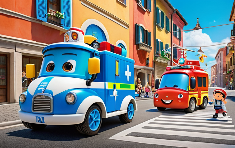 로보카폴리 주제와 어린이 관심 - **Prompt:** A vibrant, cheerful scene depicting the full Robocar Poli rescue team (Poli the police c...