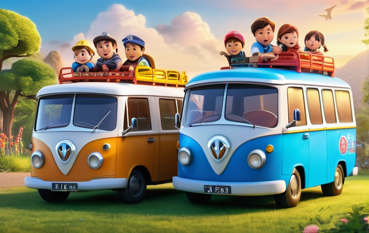 로보카폴리 주제와 어린이 관심 - **Prompt:** Two Italian children, a boy and a girl aged approximately 6-8 years old, both modestly d...