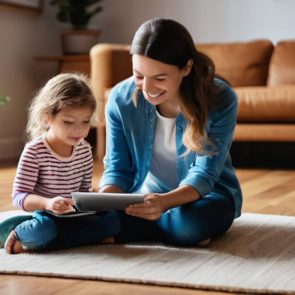 로보카폴리와 미래 교육 콘텐츠 - **Prompt:** A cozy, brightly lit living room where a mother, around 30s, and her daughter, about 7 y...
