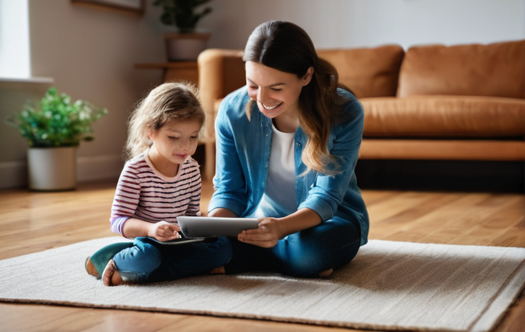 로보카폴리와 미래 교육 콘텐츠 - **Prompt:** A cozy, brightly lit living room where a mother, around 30s, and her daughter, about 7 y...