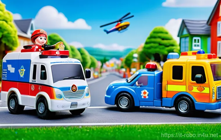 로보카폴리 굿즈 제작 이야기 - **Prompt 1: "A brightly colored scene depicting the Robocar Poli team (Poli the police car, Roy the ...