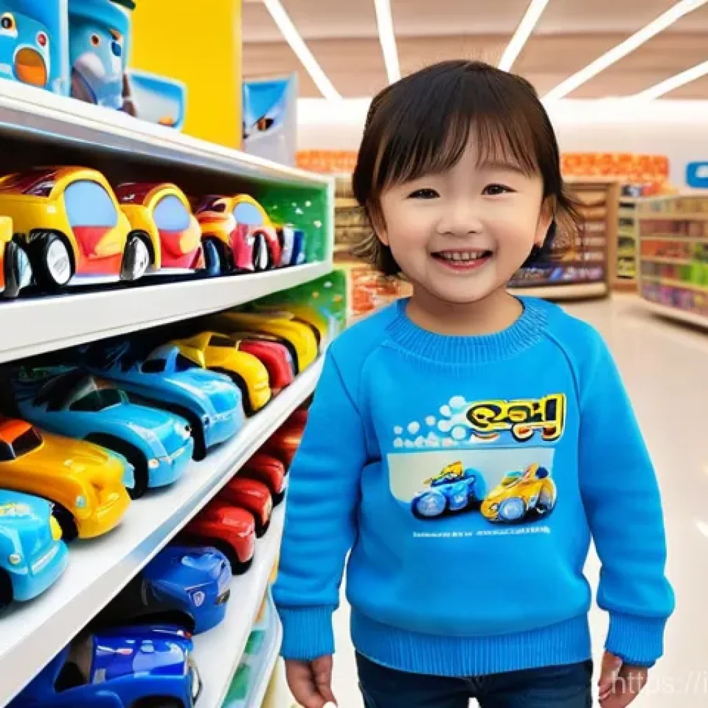 로보카폴리 굿즈의 구매 팁 - **Prompt:** A heartwarming scene inside a brightly lit, modern toy store. A joyful 6-year-old child,...