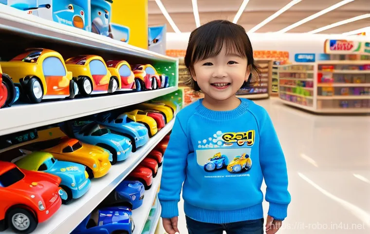 로보카폴리 굿즈의 구매 팁 - **Prompt:** A heartwarming scene inside a brightly lit, modern toy store. A joyful 6-year-old child,...