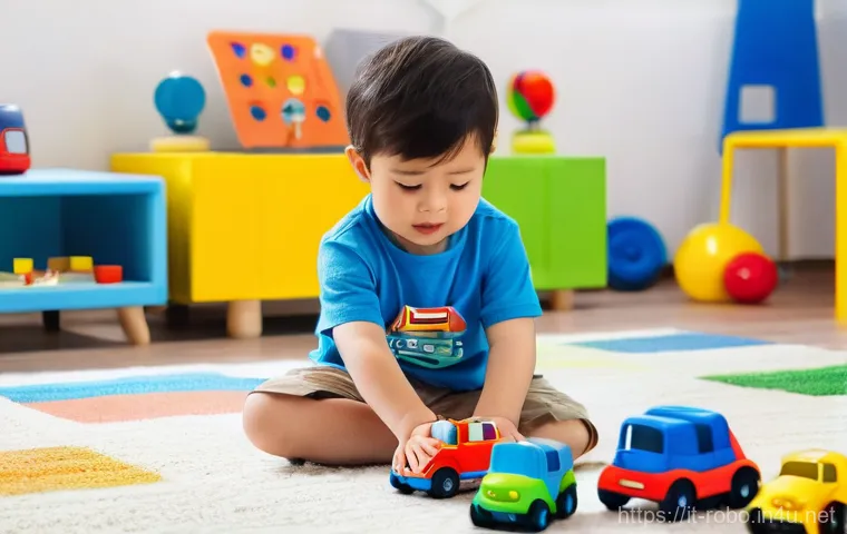 로보카폴리 굿즈의 구매 팁 - **Prompt:** A heartwarming scene inside a brightly lit, modern toy store. A joyful 6-year-old child,...