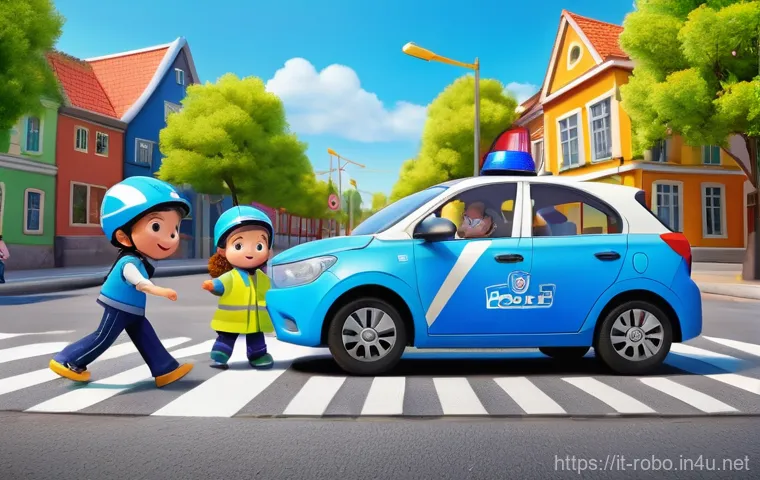 로보카폴리 스핀오프 - A vibrant, animated scene featuring Poli, the blue police car from Robocar Poli, diligently teaching...