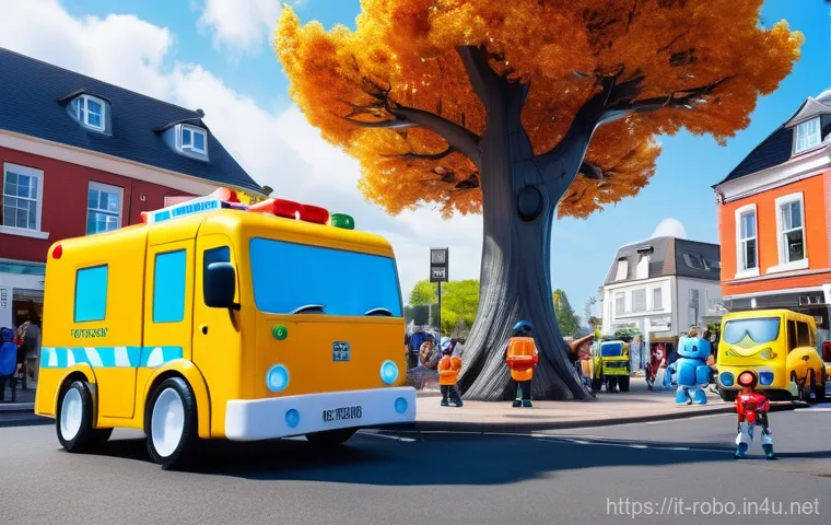 로보카폴리 글로벌 배급 전략 - A vibrant scene in Broomstown Square, where the Robocar Poli rescue team, consisting of Poli the pol...