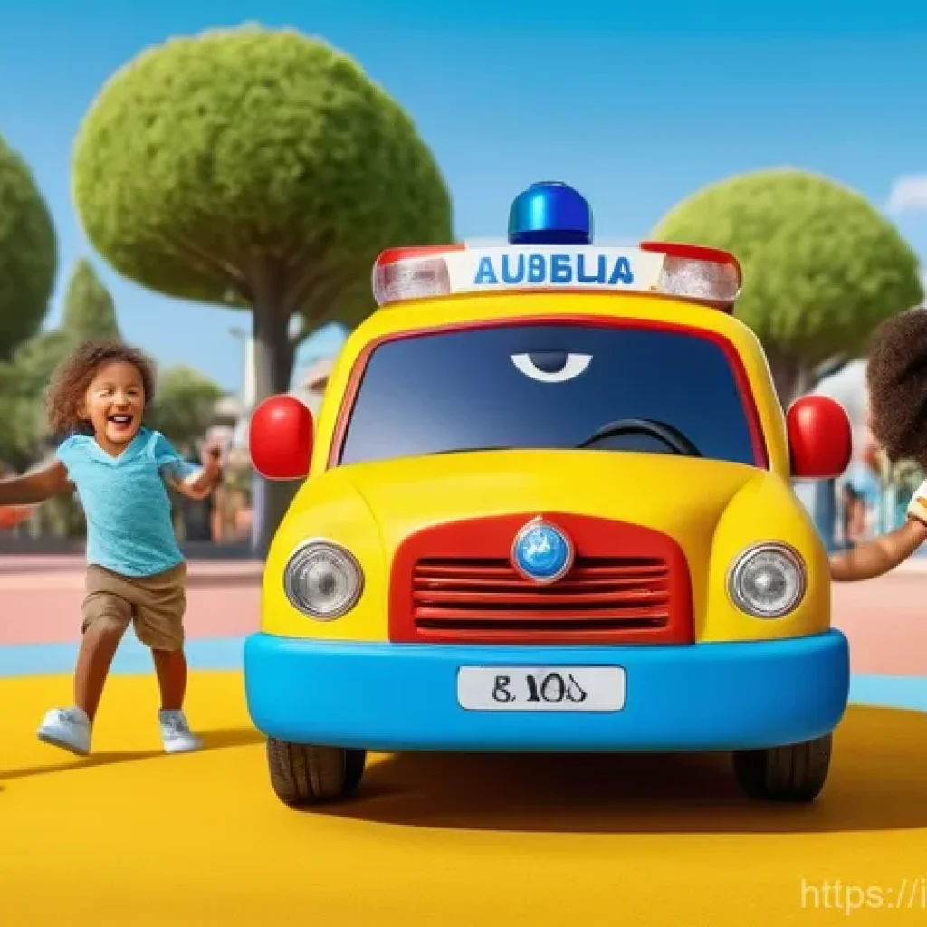 로보카폴리 주제곡 분석 - A group of diverse children, aged 5-7, are joyfully playing in a sun-drenched, colorful playground i...