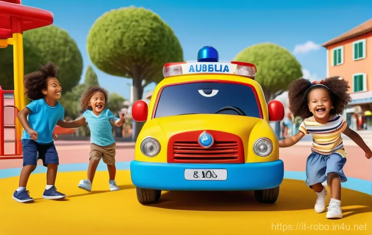 로보카폴리 주제곡 분석 - A group of diverse children, aged 5-7, are joyfully playing in a sun-drenched, colorful playground i...