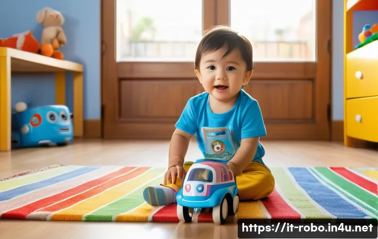 로보카폴리와 인형극 프로그램 - **Prompt:** "A brightly colored playroom in Italy. A young child wearing a t-shirt and diaper is hap...