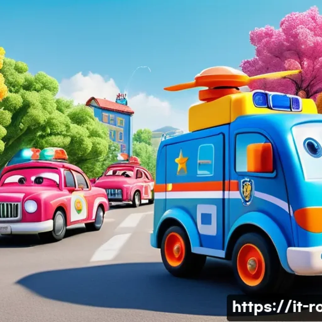 로보카폴리 브룸스타운 주민들 - **Prompt:** A vibrant and dynamic scene in Vroomville, showcasing the entire Robocar Poli rescue tea...