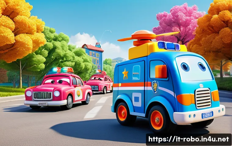 로보카폴리 브룸스타운 주민들 - **Prompt:** A vibrant and dynamic scene in Vroomville, showcasing the entire Robocar Poli rescue tea...
