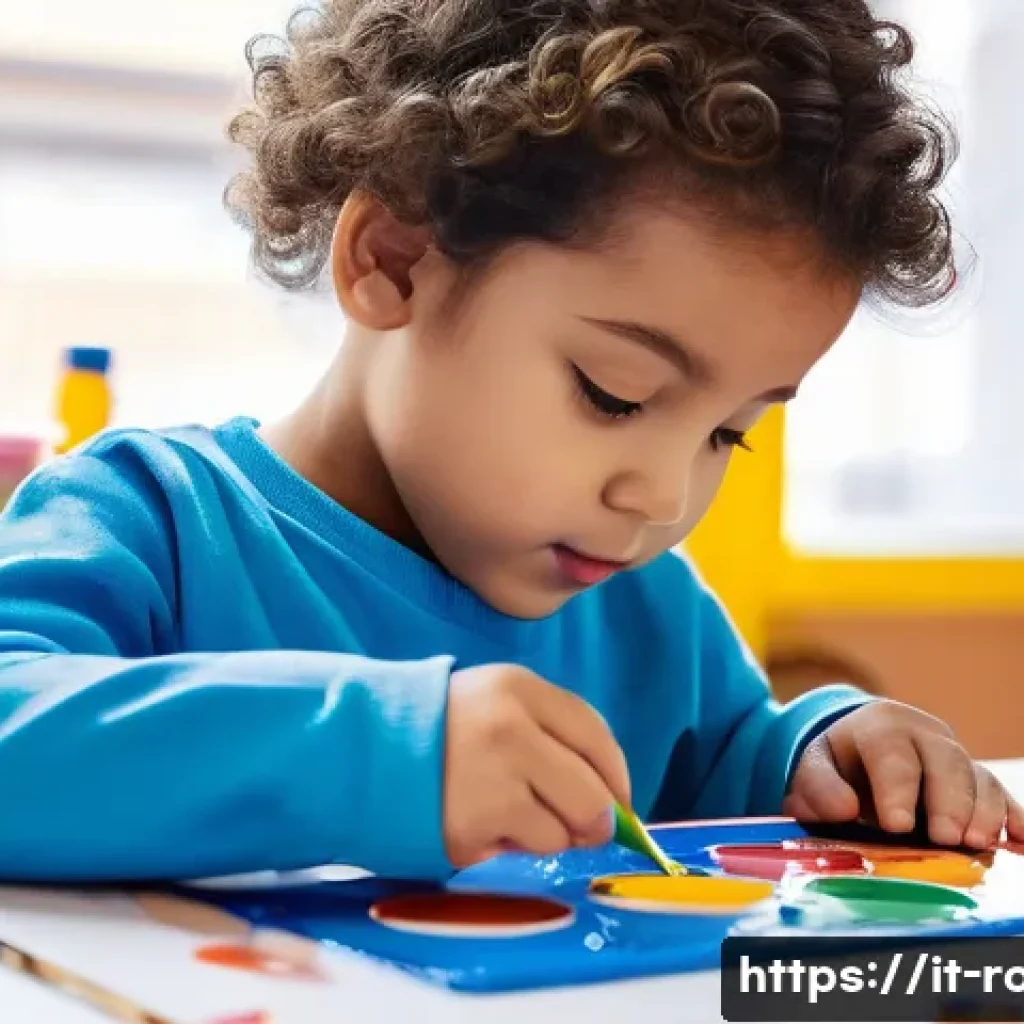 로보카폴리 커스텀 캐릭터 - A close-up shot of a 6-year-old child's hands carefully painting a Robocar Poli toy with vibrant acr...