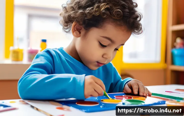 로보카폴리 커스텀 캐릭터 - A close-up shot of a 6-year-old child's hands carefully painting a Robocar Poli toy with vibrant acr...