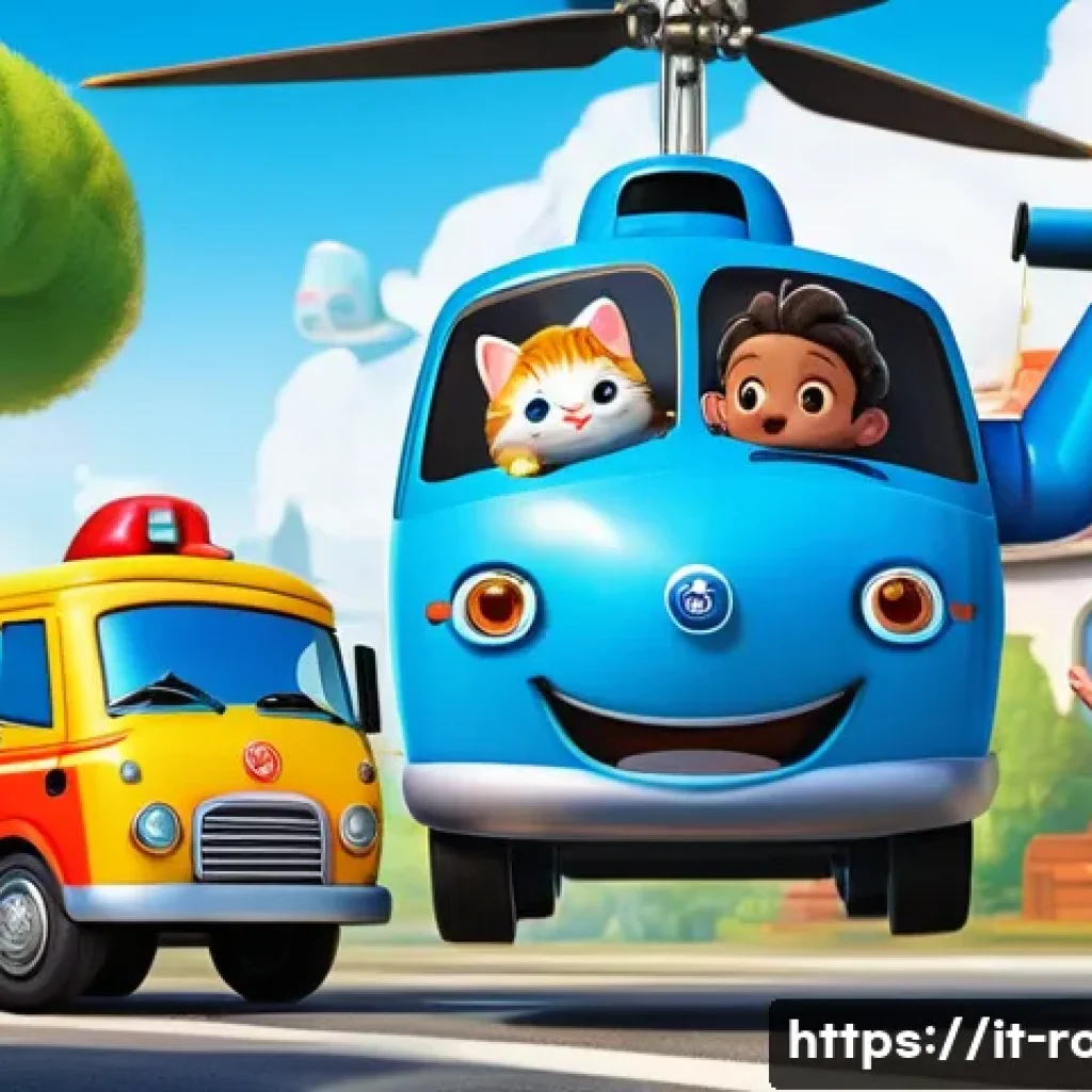 로보카폴리의 인기 이유 분석 - A vibrant, dynamic illustration of the entire Robocar Poli rescue team – Poli, Roy, Amber, and Helly...