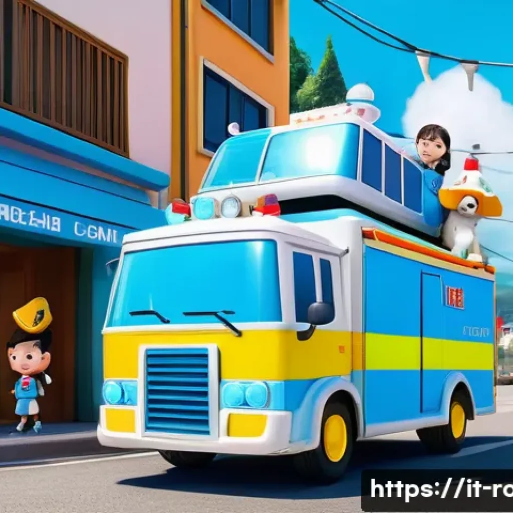 로보카폴리와 교육 철학 - A vibrant, wide-angle shot of the Robocar Poli rescue team in action within Broom Town. Poli the pol...