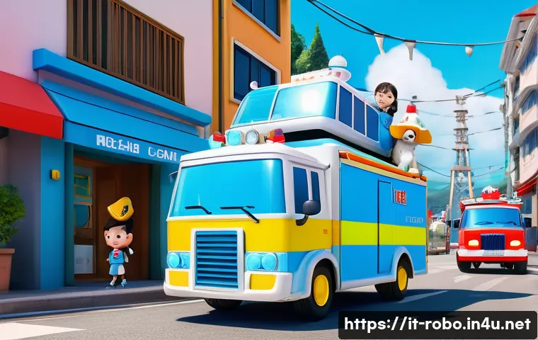 로보카폴리와 교육 철학 - A vibrant, wide-angle shot of the Robocar Poli rescue team in action within Broom Town. Poli the pol...