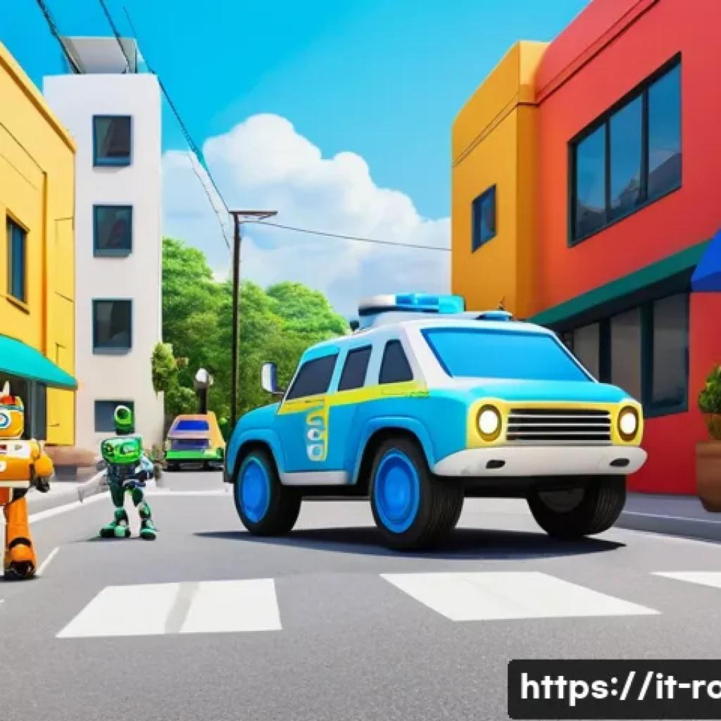 로보카폴리의 재미있는 설정 - **Prompt: Teamwork and Rescue in Brooms Town**
    A vibrant and clean animated scene depicting the ...