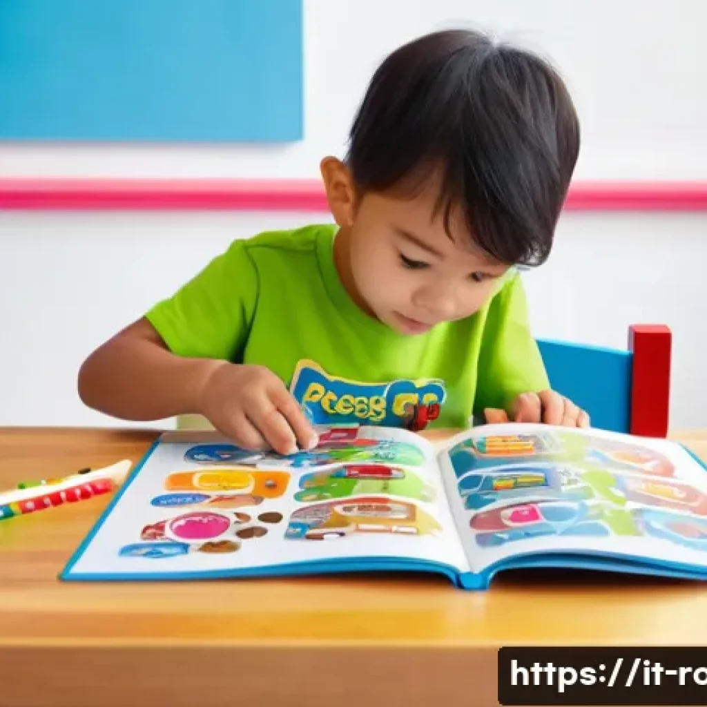 로보카폴리 스티커북 - **Prompt:** A close-up shot of a young child, approximately 4 years old, seated at a low wooden tabl...