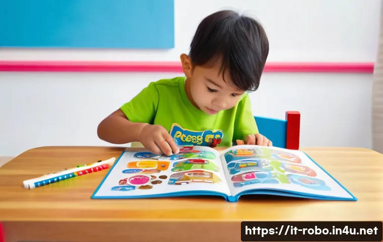 로보카폴리 스티커북 - **Prompt:** A close-up shot of a young child, approximately 4 years old, seated at a low wooden tabl...