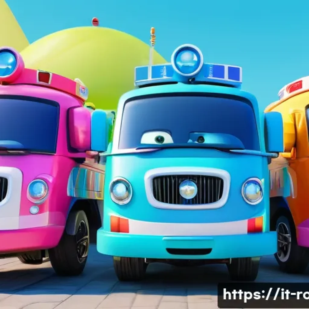 로보카폴리 유아 콘텐츠 트렌드 - **Prompt 1: The Robocar Poli Rescue Team in Brooms Town**
    "A vibrant, cheerful 3D animated scene...