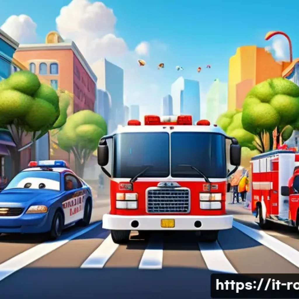 로보카폴리와 애니메이션 시장 - A vibrant 3D animated scene featuring colorful anthropomorphic rescue vehicles like fire trucks, amb...