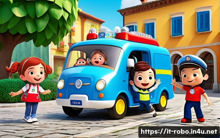 로보카폴리 팬들의 이야기 - A vibrant and colorful scene featuring the main characters of Robocar Poli in a sunny Italian park s...