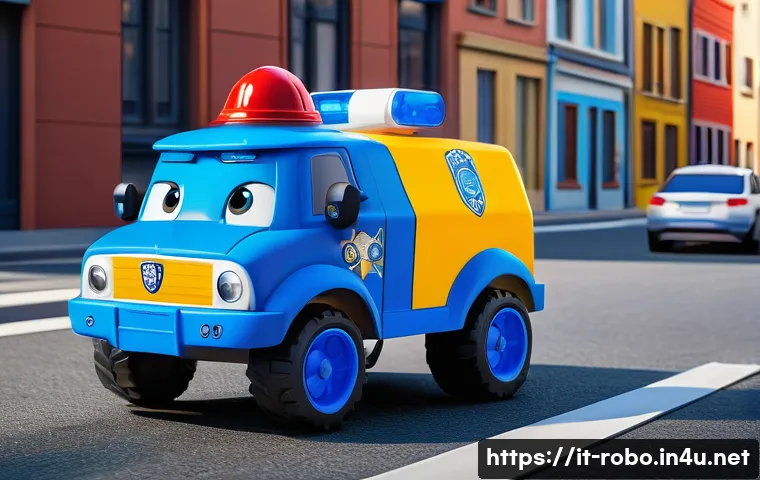 로보카폴리와 캐릭터 디자인 - A vibrant scene featuring Poli, the blue police rescue vehicle from Robocar Poli, characterized by g...