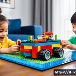 로보카폴리 레고 세트 - A vibrant and detailed scene of a child and a parent joyfully assembling a RoboCar Poli LEGO set tog...