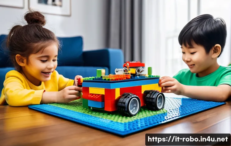로보카폴리 레고 세트 - A vibrant and detailed scene of a child and a parent joyfully assembling a RoboCar Poli LEGO set tog...