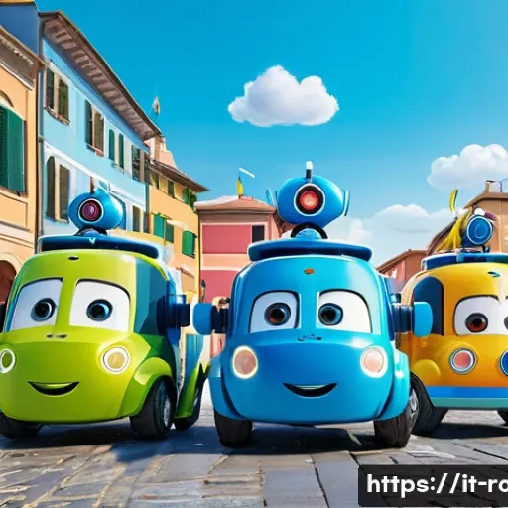 로보카폴리의 팬들에게 남긴 메시지 - A vibrant and colorful scene featuring Robocar Poli characters in a lively Italian town square durin...
