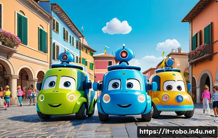 로보카폴리의 팬들에게 남긴 메시지 - A vibrant and colorful scene featuring Robocar Poli characters in a lively Italian town square durin...