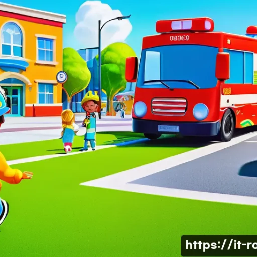 로보카폴리 브룸스타운 배경 - A vibrant, detailed scene of Broomstown’s community park during a sunny day, featuring diverse anima...