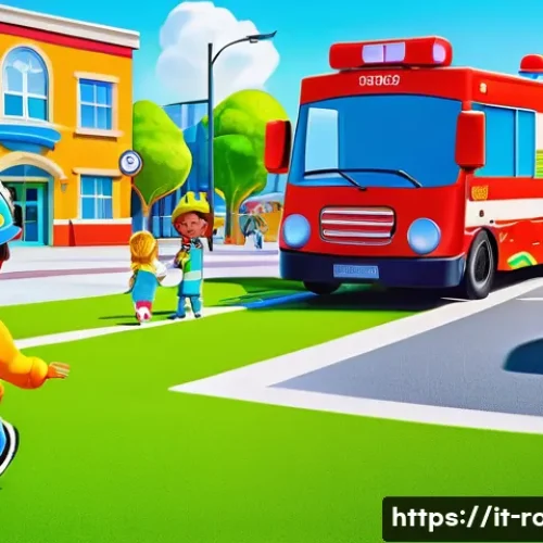 로보카폴리 브룸스타운 배경 - A vibrant, detailed scene of Broomstown’s community park during a sunny day, featuring diverse anima...