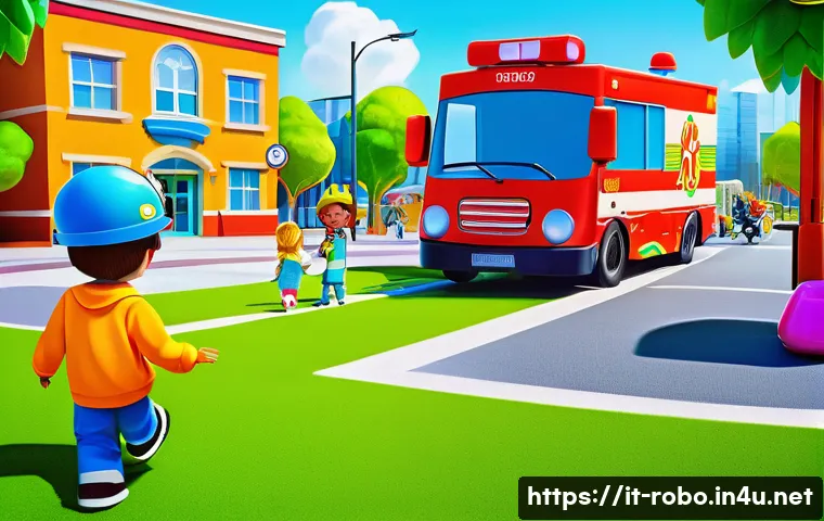 로보카폴리 브룸스타운 배경 - A vibrant, detailed scene of Broomstown’s community park during a sunny day, featuring diverse anima...