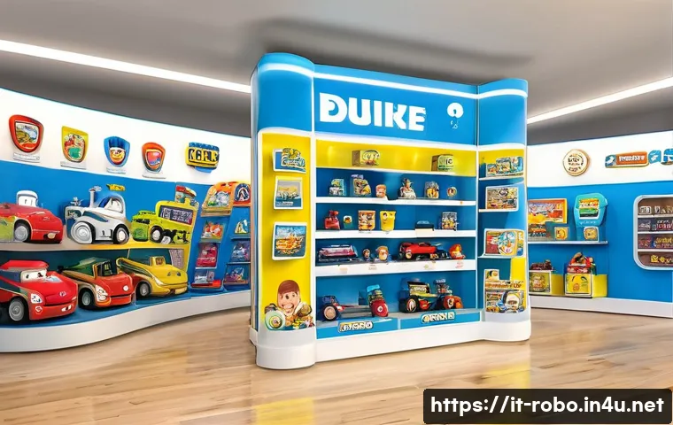 로보카폴리와 캐릭터 라이선싱 - A colorful and lively Italian toy store display featuring licensed animated character merchandise in...