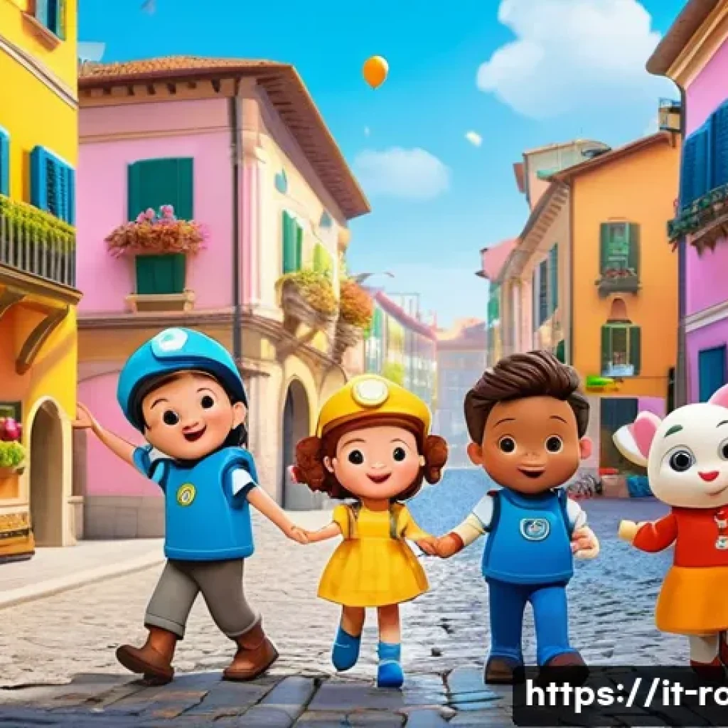 로보카폴리와 브랜드 마케팅 전략 - A vibrant and cheerful scene featuring Robocar Poli characters in a colorful Italian town square dur...
