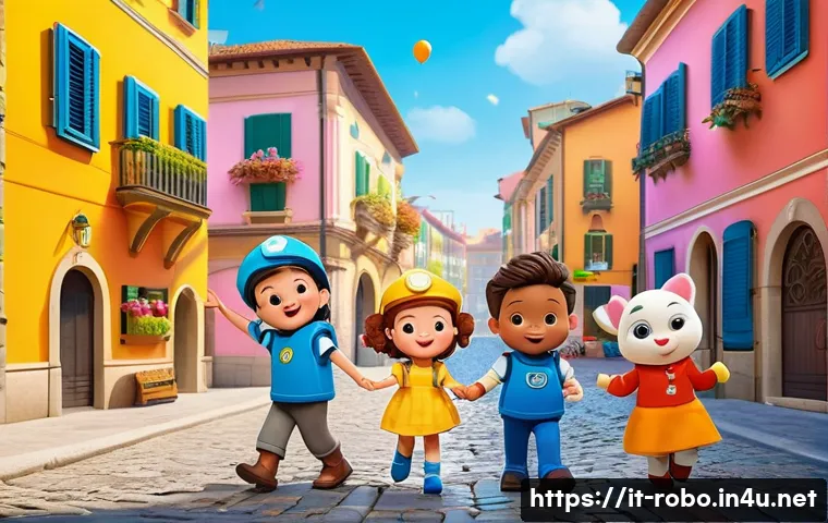 로보카폴리와 브랜드 마케팅 전략 - A vibrant and cheerful scene featuring Robocar Poli characters in a colorful Italian town square dur...