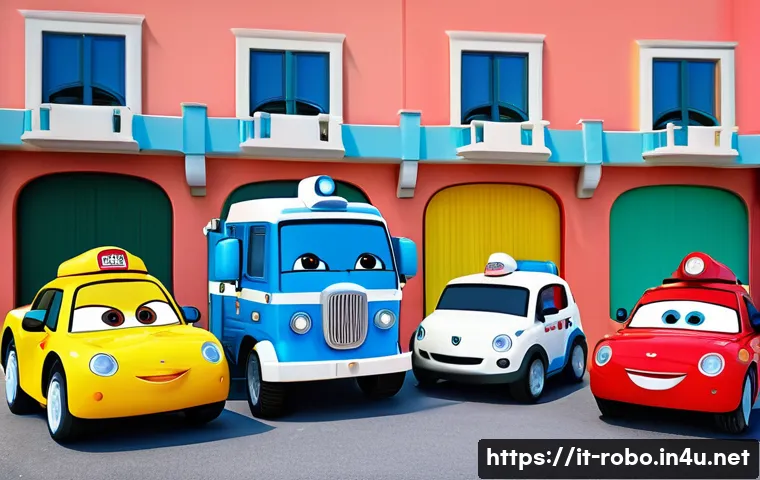 로보카폴리 지역 방영 차이 - A vibrant animated scene depicting a group of friendly rescue vehicles styled as Robocar Poli charac...