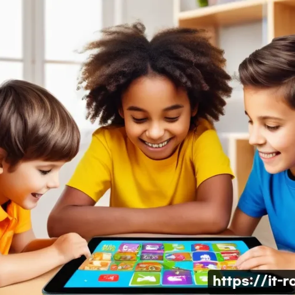 로보카폴리 공식 홈페이지 - A vibrant and colorful digital illustration of a group of diverse children aged around 5-7 years old...