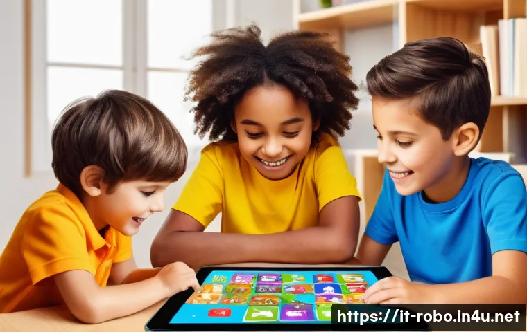 로보카폴리 공식 홈페이지 - A vibrant and colorful digital illustration of a group of diverse children aged around 5-7 years old...