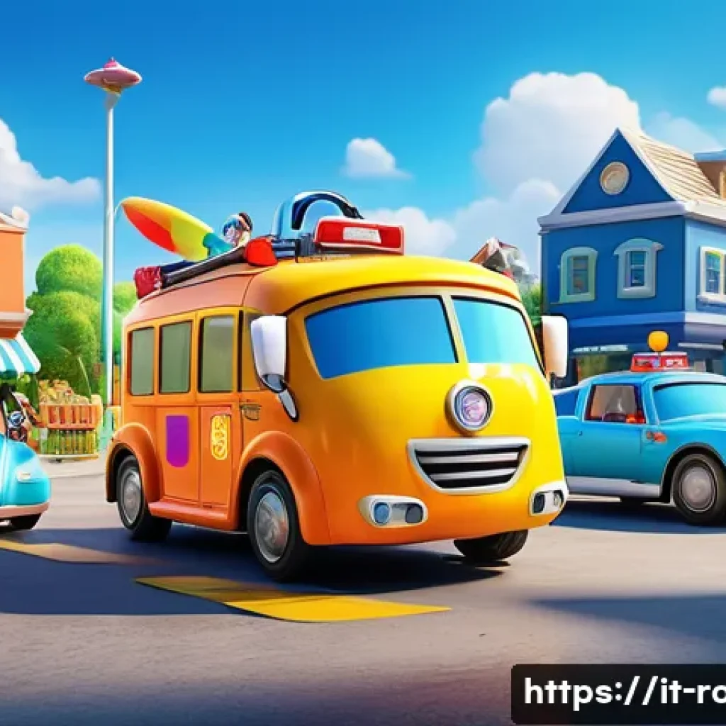로보카폴리 애니메이션 업계의 평가 - A vibrant 3D animated scene featuring colorful anthropomorphic rescue vehicles inspired by Robocar P...