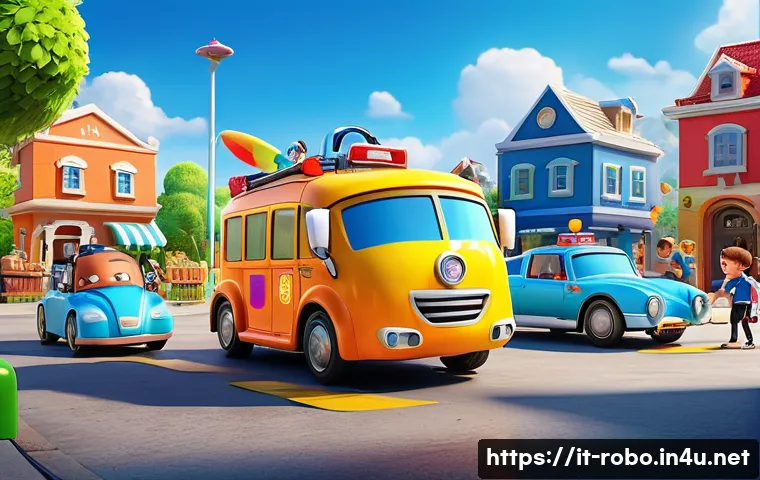 로보카폴리 애니메이션 업계의 평가 - A vibrant 3D animated scene featuring colorful anthropomorphic rescue vehicles inspired by Robocar P...