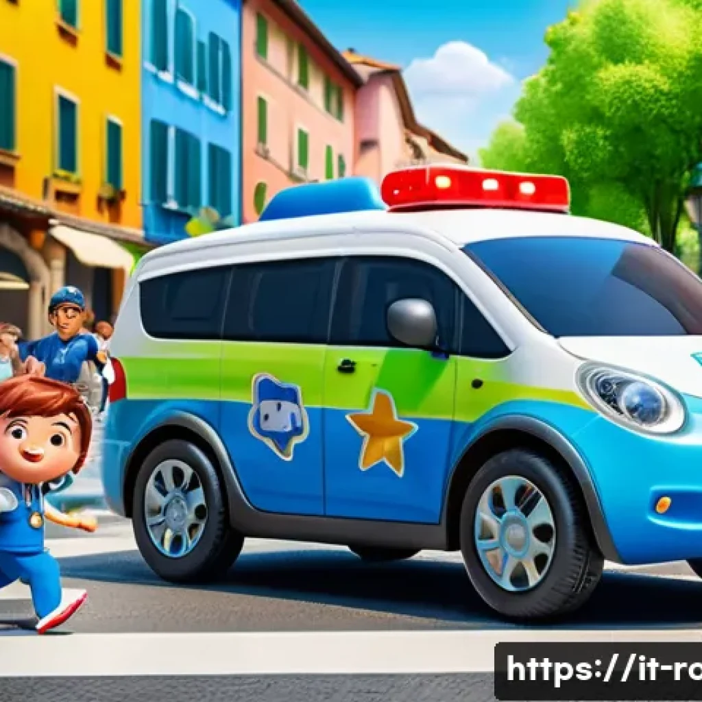 로보카폴리의 숨겨진 이야기 - A vibrant and colorful street scene in a modern Italian town during daytime, featuring cartoon-style...