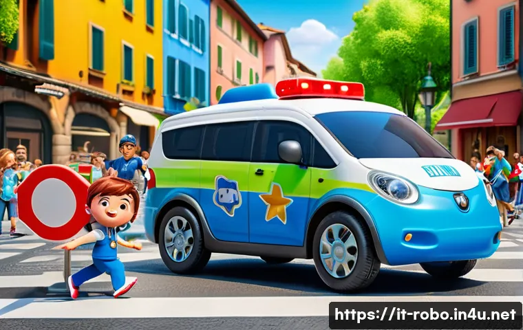 로보카폴리의 숨겨진 이야기 - A vibrant and colorful street scene in a modern Italian town during daytime, featuring cartoon-style...
