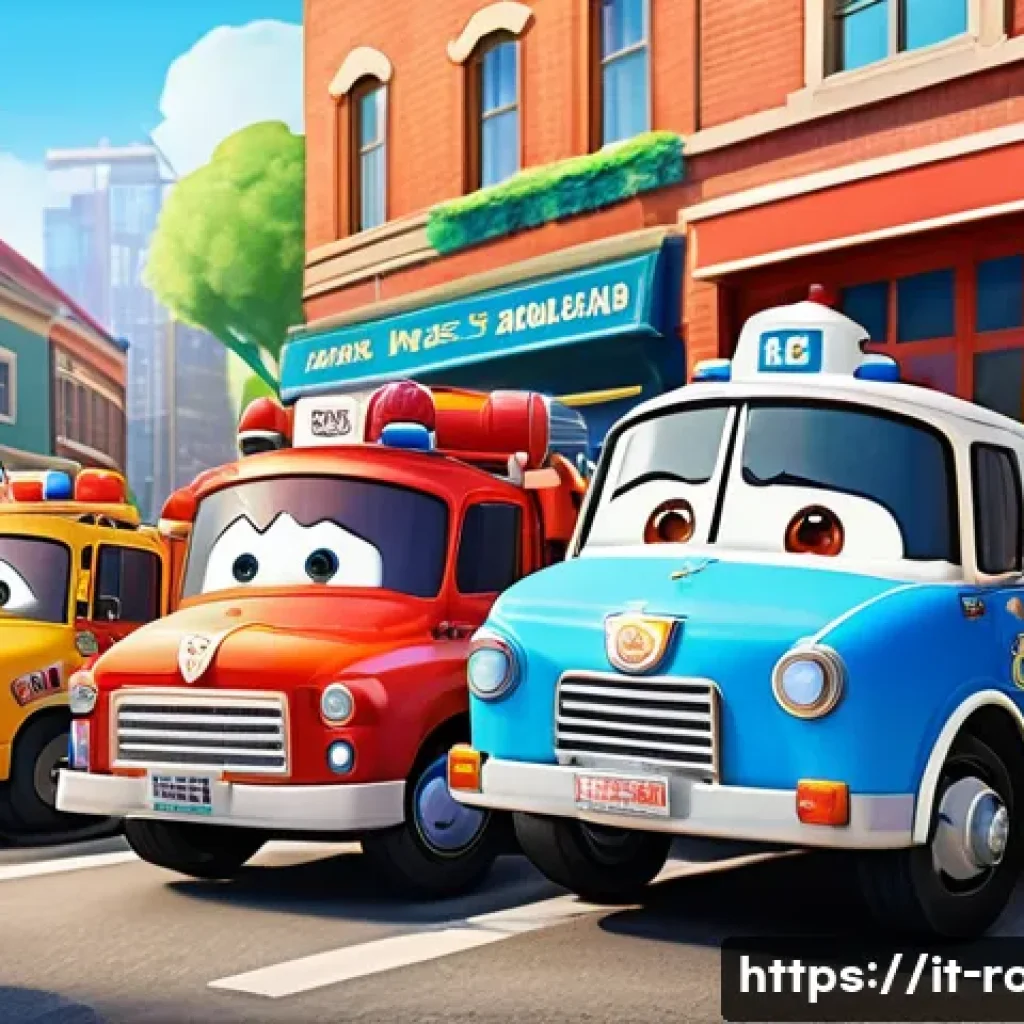 로보카폴리 팬아트 공모전 - A vibrant and detailed digital illustration of the main Robocar Poli characters in a dynamic rescue ...